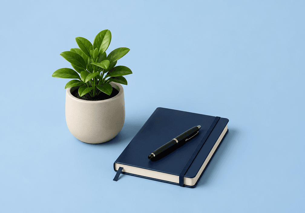 A notebook, pen and potted plant