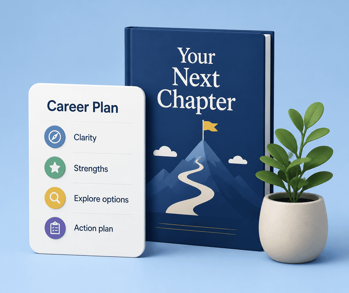 Career Plan card next to a 'Your Next Chapter' book and a potted plant